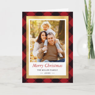Cartes Pour Fêtes Annuelles Joyeux Noël Rouge Buffalo Check Gold Frame Photo