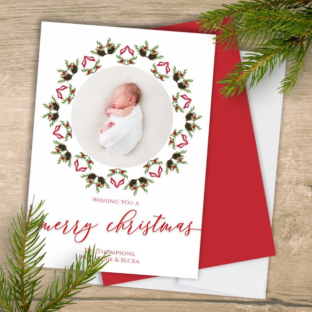 Cartes Pour Fêtes Annuelles Joyeux Noël Rouge Calligraphie Une photo (Merry Christmas Calligraphy script mandala wreath design photo card. )