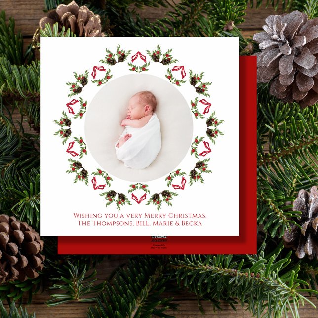 Cartes Pour Fêtes Annuelles Joyeux Noël Rouge Calligraphie Une photo (Christmas holiday greenery and pine cones wreath mandala design square photo card. )