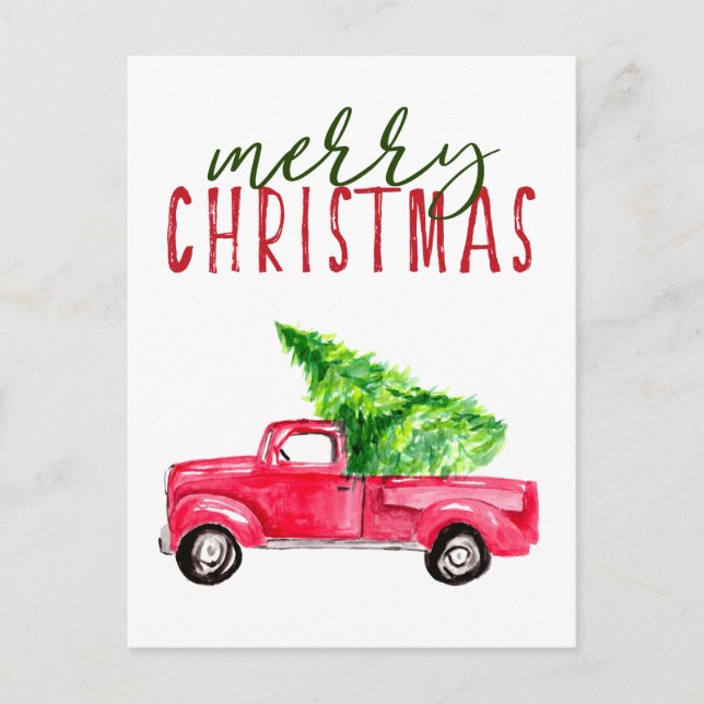 Cartes Pour Fêtes Annuelles Joyeux Noël Rouge Camion Arbre Aquarelle Simple (Devant)