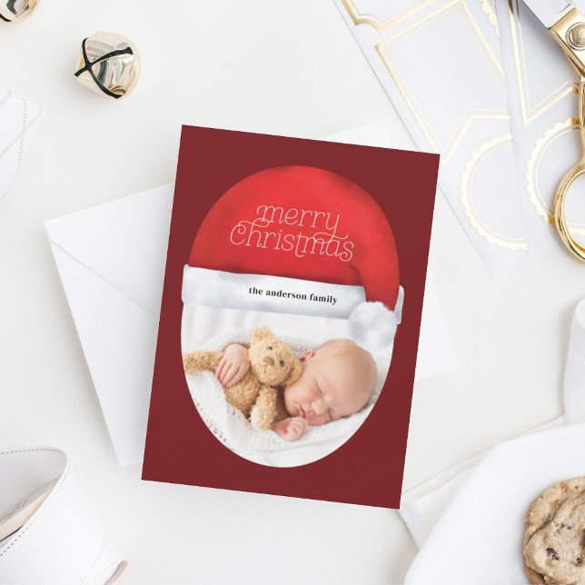 Cartes Pour Fêtes Annuelles Joyeux Noël Rouge Chapeau Noël Script photo (Créateur téléchargé)