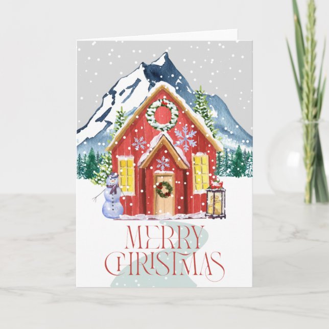 Cartes Pour Fêtes Annuelles Joyeux Noël Rouge Country House Mountain neige (Devant)