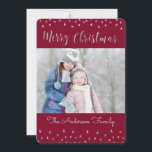 Cartes Pour Fêtes Annuelles Joyeux Noël Rouge et Argent Étoiles à huile Photo<br><div class="desc">Joyeux Noël Rouge,  Bourgogne,  Marsala et Argent Carte photo des étoiles Foil. L'image et le nom de famille peuvent être remplacés sur la Carte de Noël Joyeux bleu et argent.</div>