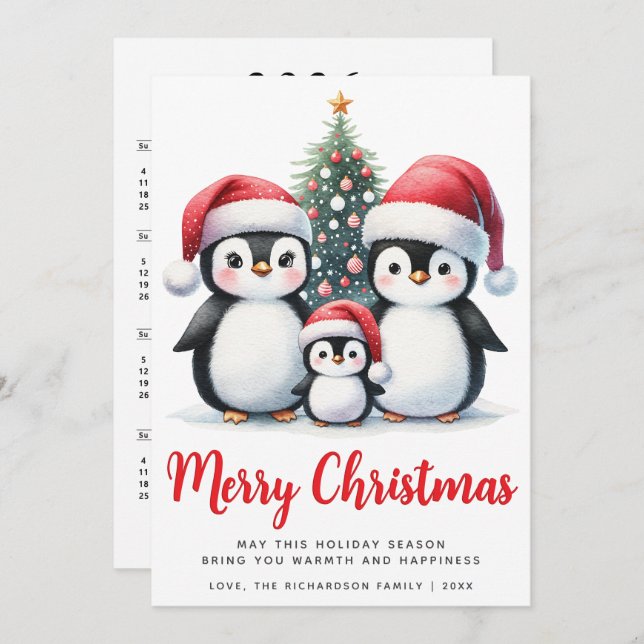 Cartes Pour Fêtes Annuelles Joyeux Noël Rouge et blanc Cute Penguin Famille (Devant / Derrière)