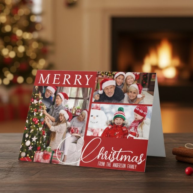Cartes Pour Fêtes Annuelles Joyeux Noël Rouge et Blanc Trois Photo Classique (Red And White Merry Christmas Three Photo Classic Holiday Card)