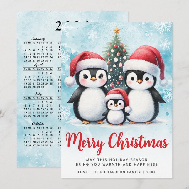 Cartes Pour Fêtes Annuelles Joyeux Noël Rouge et Bleu Cute Penguin Famille (Devant / Derrière)