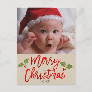 Cartes Pour Fêtes Annuelles Joyeux Noël Rouge Feuille Moderne Écriture Photo