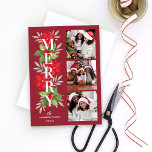 Cartes Pour Fêtes Annuelles Joyeux Noël Rouge Floral 3 Photo<br><div class="desc">Cette carte de Noël à typographie florale moderne comporte un collage de 3 photos sur le devant et 1 photo horizontale bonus sur le dos. L'élégante conception typographique comprend une aquarelle fleurie et verdoyante d'hiver avec une simple et moderne superposition de texte "Merry". Comprend des feuilles saints et des baies,...</div>