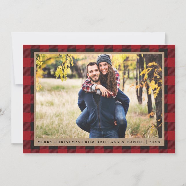 Cartes Pour Fêtes Annuelles Joyeux Noël Rouge Kraft Couple Photo (Devant)