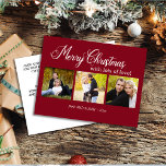 Cartes Pour Fêtes Annuelles Joyeux Noël Rouge moderne 3 Année photo<br><div class="desc">Créez votre propre carte postale de Noël rouge moderne,  minimaliste et simple,  mais élégante,  avec le texte "Joyeux Noël avec beaucoup d'amour" L'arrière - plan rouge est personnalisable à n'importe quelle couleur. Personnalisez le dos avec votre propre message spécial.</div>