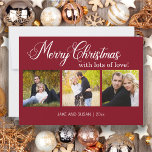 Cartes Pour Fêtes Annuelles Joyeux Noël Rouge moderne Amour Année 3 Photo<br><div class="desc">Créez votre propre carte de voeux de Noël rouge moderne,  minimaliste et simple,  mais élégante,  5x7 avec le texte "Joyeux Noël avec beaucoup d'amour" arrière - plan rouge est personnalisable à toute couleur que vous voulez.</div>