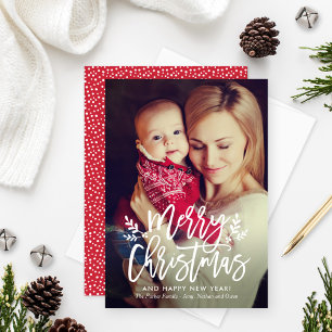 Cartes Pour Fêtes Annuelles Joyeux Noël Rouge moderne Brossé Photo Script