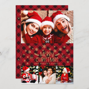 Cartes Pour Fêtes Annuelles Joyeux Noël Rouge Plaid Gold Snowflakes 4 Photos
