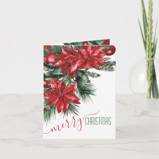 Cartes Pour Fêtes Annuelles Joyeux Noël Rouge Poinsettias Pine Bough (Devant)