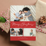 Cartes Pour Fêtes Annuelles Joyeux Noël Rouge Script 3 Collage Multi-Photo<br><div class="desc">Avec un script de brosse moderne en rouge avec 3 de vos photos. Il est aussi accompagné d'une photo au dos.</div>