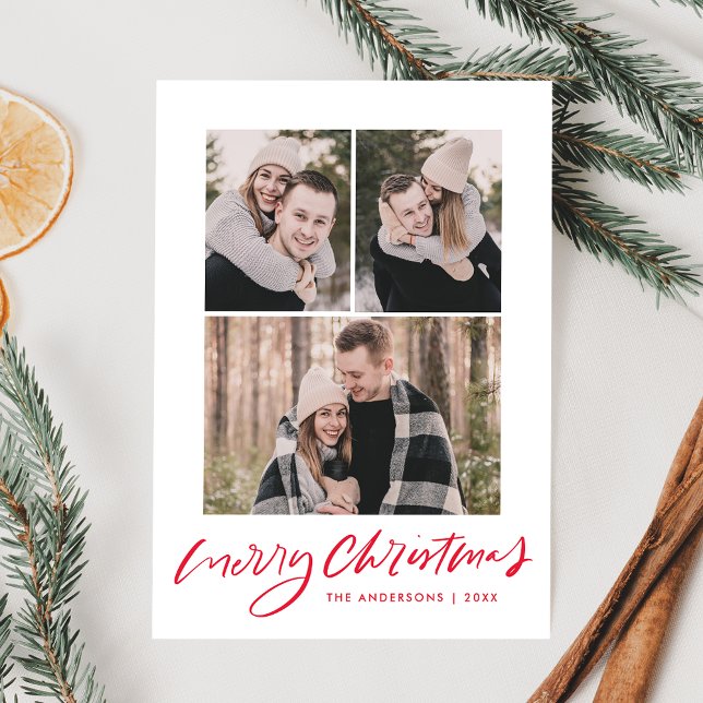 Cartes Pour Fêtes Annuelles Joyeux Noël Rouge Script 3 Photo Collage (Créateur téléchargé)