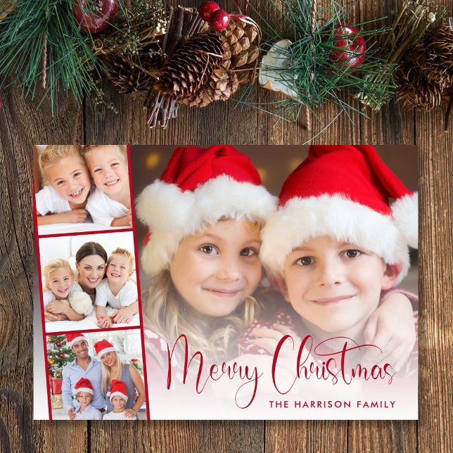 Cartes Pour Fêtes Annuelles Joyeux Noël Rouge Script 4 Bande Photo (This holiday season, let your family's smiles and heartwarming memories shine on our 4 photo card)