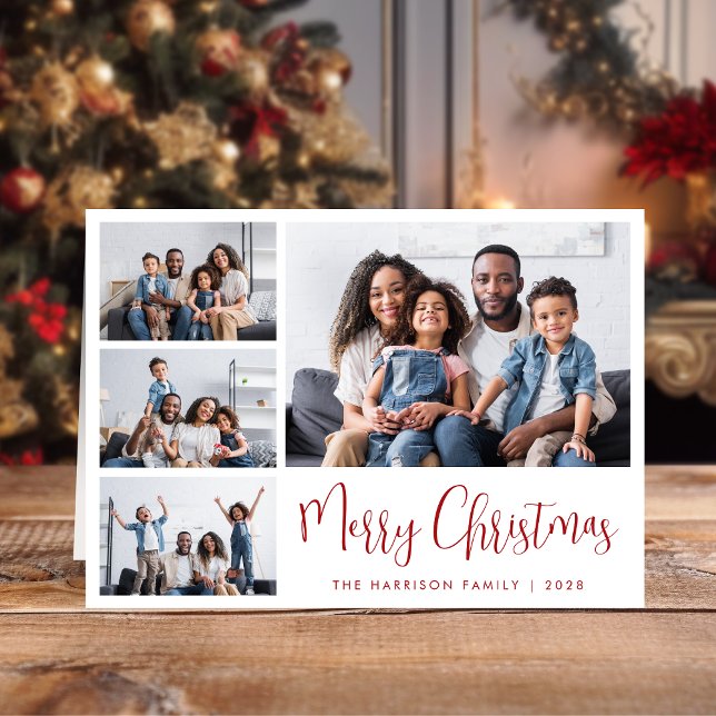 Cartes Pour Fêtes Annuelles Joyeux Noël Rouge Script 4 Photo (Share the love and warmth of the season with a personalized photo Christmas card)
