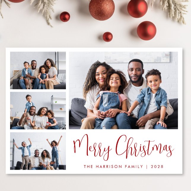 Cartes Pour Fêtes Annuelles Joyeux Noël Rouge Script 6 Photo (Share the love and warmth of the season with a personalized photo Christmas card)