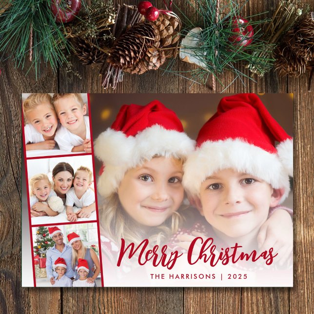 Cartes Pour Fêtes Annuelles Joyeux Noël Rouge Script photo superposition (This holiday season, let your family's smiles and heartwarming memories shine on our 4 photo card)