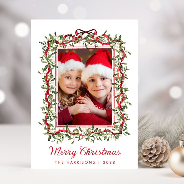 Cartes Pour Fêtes Annuelles Joyeux Noël Rouge Vaches verdure Aquarelle Photo (Share the love and warmth of the holiday season with this personalized photo Christmas card)