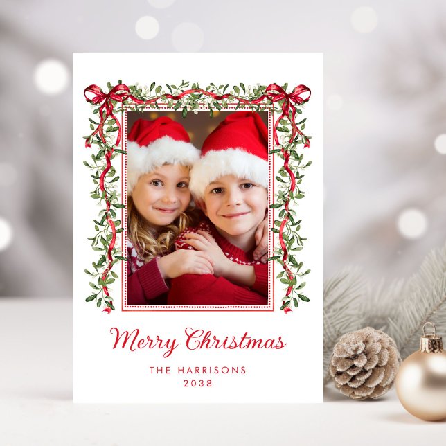 Cartes Pour Fêtes Annuelles Joyeux Noël Rouge Vaches verdure Aquarelle Photo (Share the love and warmth of the holiday season with this personalized photo Christmas card)