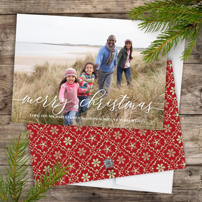 Cartes Pour Fêtes Annuelles Joyeux Noël Rouge Vert Flocon de neige 1 Photo (Merry Christmas Calligraphy Script holiday photo card with elegant snowflake pattern)