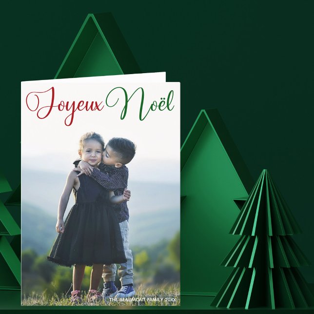 Cartes Pour Fêtes Annuelles Joyeux Noël Rouge Vert Script Plié Photo de famill (Créateur téléchargé)