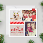 Cartes Pour Fêtes Annuelles Joyeux Noël Rouge Vintage photo Collage<br><div class="desc">Envoyez un message de Noël à votre famille et à vos amis avec cette carte de vacances carré tout simplement chic. La carte à rayures festives comprend trois placements photo pour présenter vos photos préférées.</div>