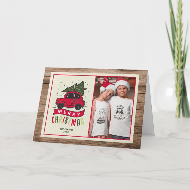 Cartes Pour Fêtes Annuelles Joyeux Noël Rouge voiture photo Bois rustique (Devant)