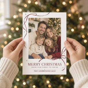 Cartes Pour Fêtes Annuelles Joyeux Noël Ruban Bourgogne Nœud Photo de Famille