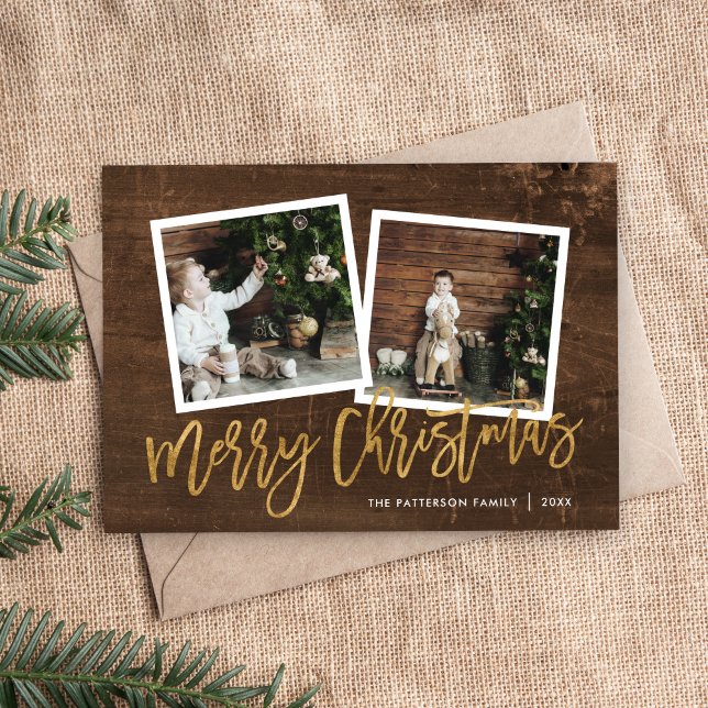 Cartes Pour Fêtes Annuelles Joyeux Noël Rustic Gold Script Photo (Créateur téléchargé)