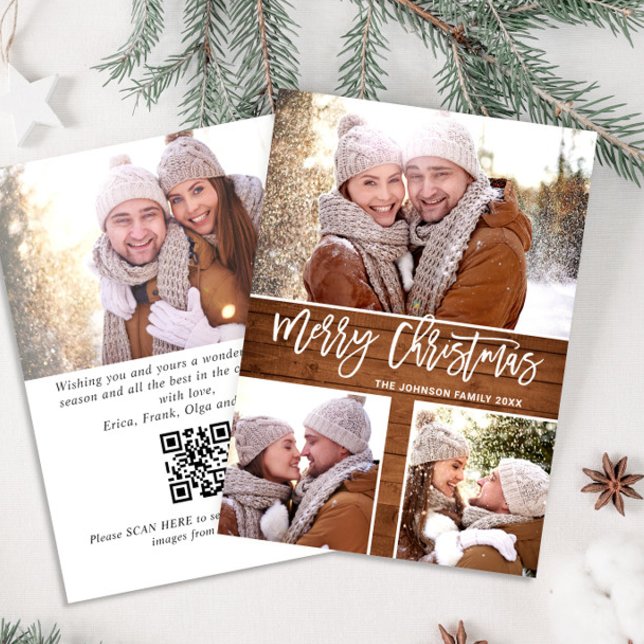Cartes Pour Fêtes Annuelles Joyeux Noël Rustique 4 PHOTO Salutation QR code (Créateur téléchargé)