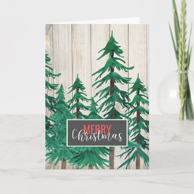 Cartes Pour Fêtes Annuelles Joyeux Noël Rustique Aquarelle Pine Arbres (Devant)