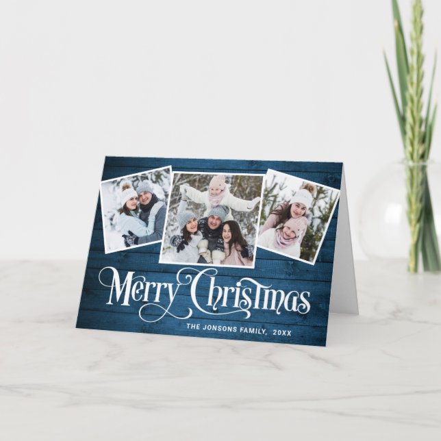 Cartes Pour Fêtes Annuelles Joyeux Noël Rustique Bleu Bois 4 PHOTO Salutation (Devant)