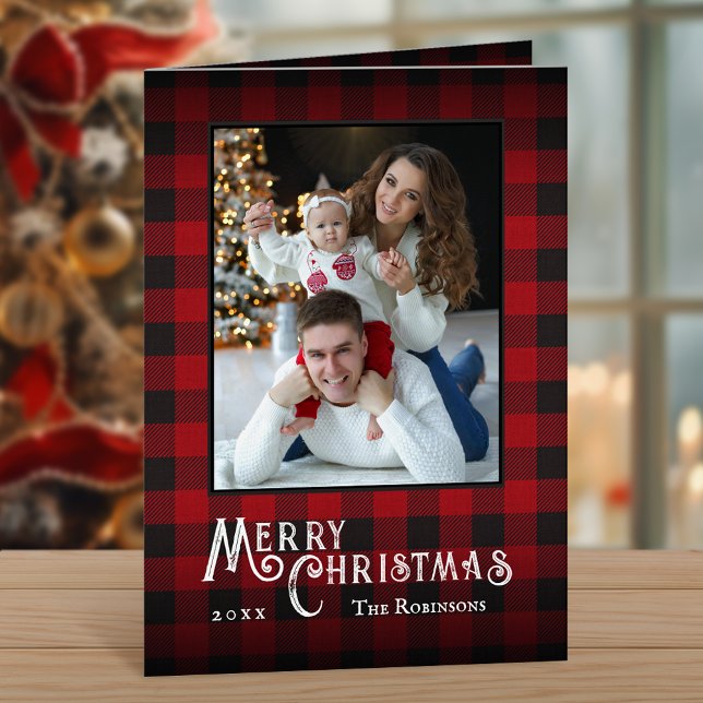Cartes Pour Fêtes Annuelles Joyeux Noël Rustique Buffalo Rouge Plaid Photo (Available in high quality print or digital download for quick text messaging, email or self print.)
