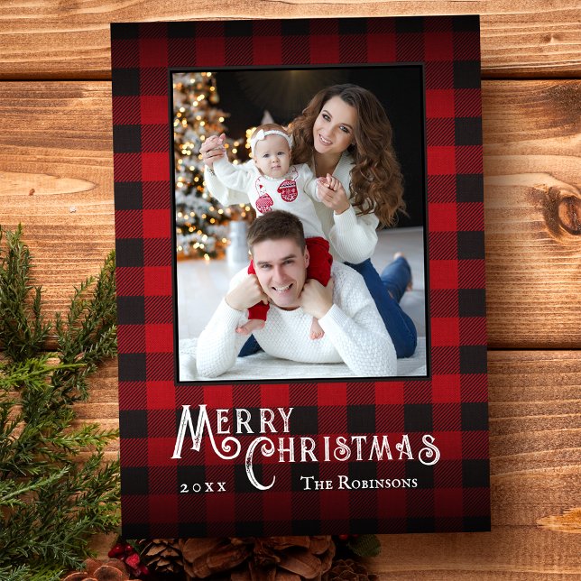 Cartes Pour Fêtes Annuelles Joyeux Noël Rustique Buffalo Rouge Plaid Photo (Available in high quality print or digital download for quick text messaging, email or self print.)