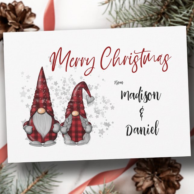 Cartes Pour Fêtes Annuelles Joyeux Noël Rustique Gnomes dans Red Buffalo Plaid (Créateur téléchargé)