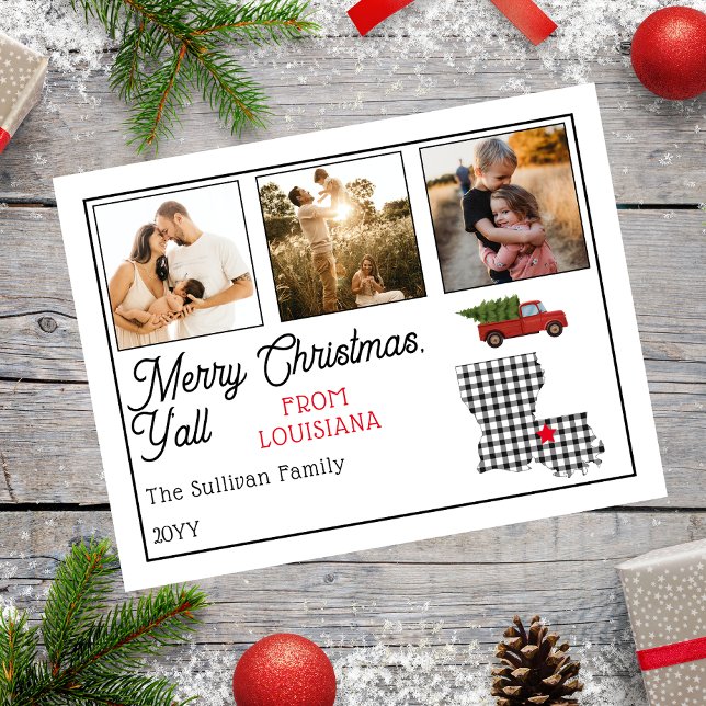 Cartes Pour Fêtes Annuelles Joyeux Noël Rustique Louisiane (Rustic "Merry Christmas Y'all from Louisiana" Three Photo and State Holiday Postcard)