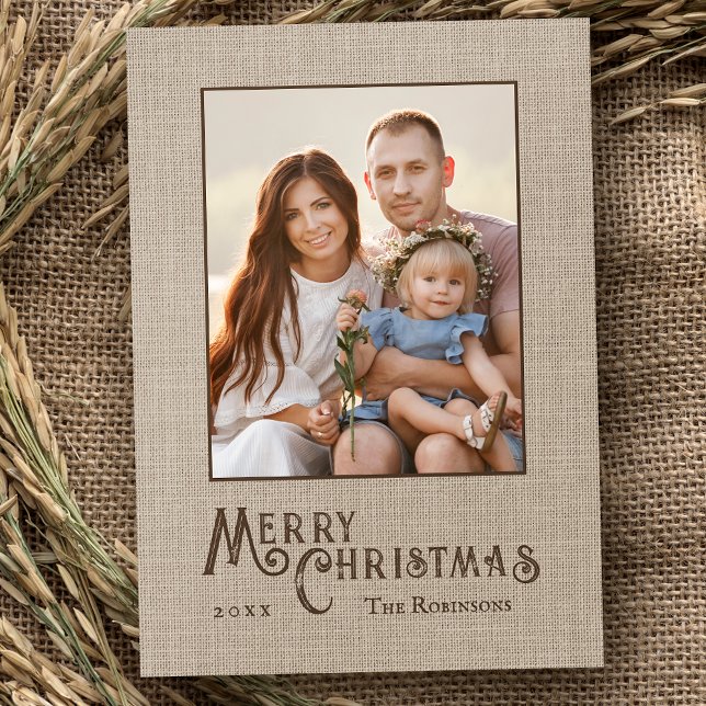 Cartes Pour Fêtes Annuelles Joyeux Noël Rustique Pays Burlap Imprimer Photo (Available in high quality print or digital download for quick text messaging, email or self print.)