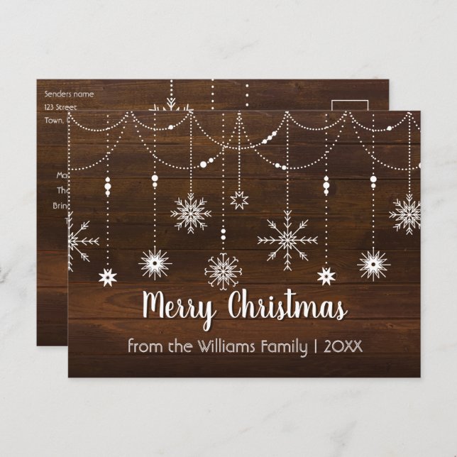 Cartes Pour Fêtes Annuelles Joyeux Noël rustique Pays Flocon de neige Bois (Devant / Derrière)