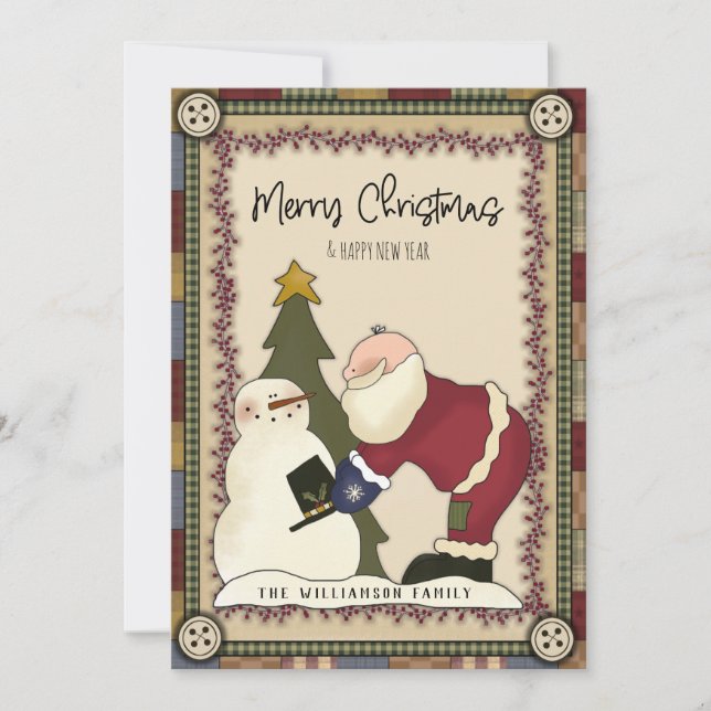 Cartes Pour Fêtes Annuelles Joyeux Noël rustique pays Père Noël et Snowman (Devant)