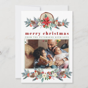 Cartes Pour Fêtes Annuelles Joyeux Noël rustique rouge floral photo de famille
