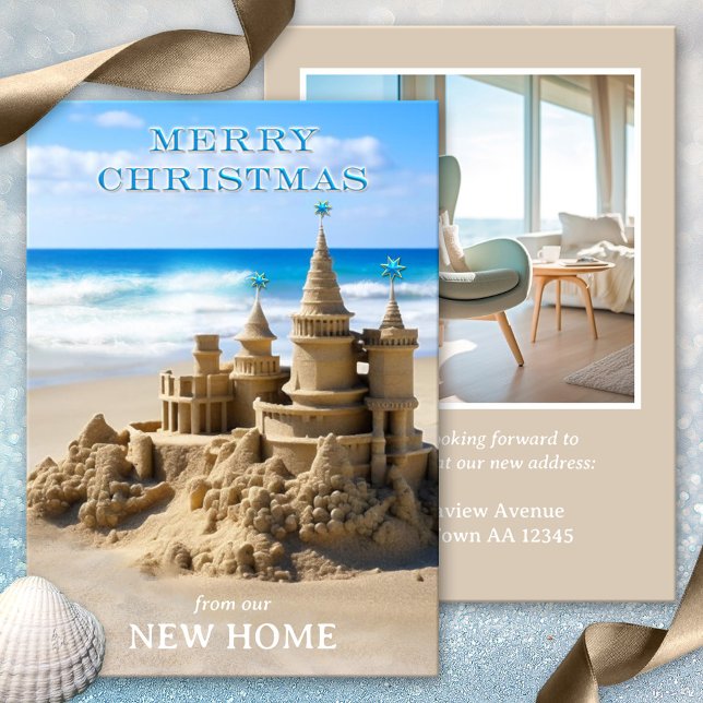 Cartes Pour Fêtes Annuelles Joyeux Noël Sandcastle Beach Nouveau Accueil Photo (Merry Christmas sandcastle new home beach holidays photo card)