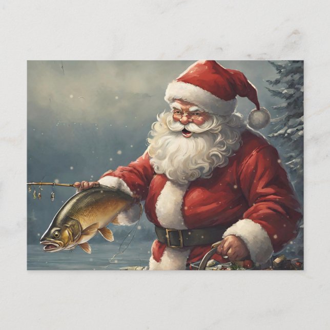 Cartes Pour Fêtes Annuelles Joyeux Noël Santa Claus Pêche Poissons (Devant)