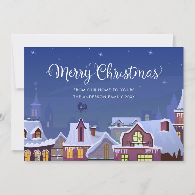 Cartes Pour Fêtes Annuelles Joyeux Noël Scène d'hiver sur les toits Festive (Devant)