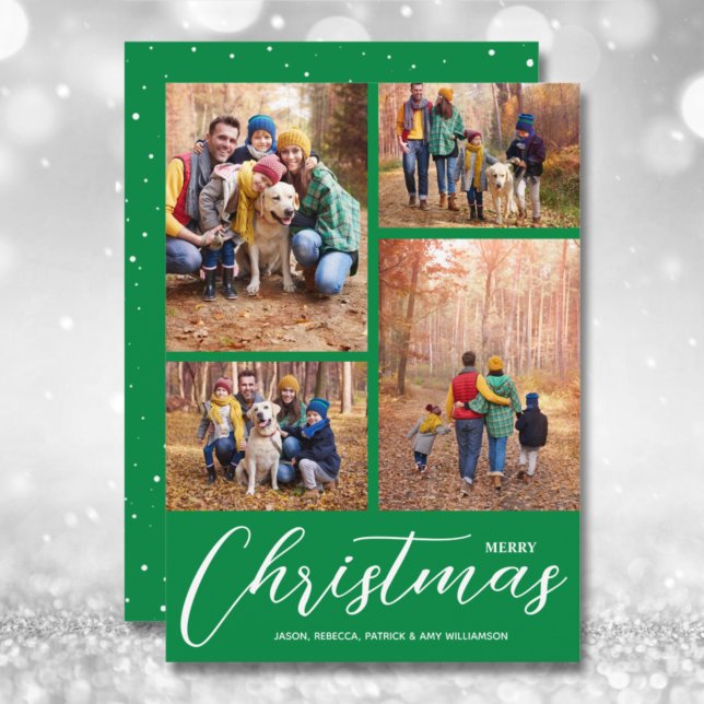 Cartes Pour Fêtes Annuelles Joyeux Noël Script 4 Collage Multi-Photo Vert (Créateur téléchargé)