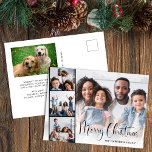 Cartes Pour Fêtes Annuelles Joyeux Noël Script 5 photo<br><div class="desc">Carte postale de vacances moderne avec votre photo superposée avec une bande de trois photos carrés,  "Joyeux Noël" dans un script festif et votre nom dans une simple typographie. Ajoutez une 5ème photo et votre message saisonnier customisé au dos.</div>