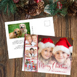 Cartes Pour Fêtes Annuelles Joyeux Noël Script 5 photo<br><div class="desc">Carte postale de vacances moderne avec votre photo superposée avec une bande de trois photos carrés,  "Joyeux Noël" dans un script festif et votre nom dans une simple typographie. Ajoutez une autre photo et votre message saisonnier customisé au dos.</div>