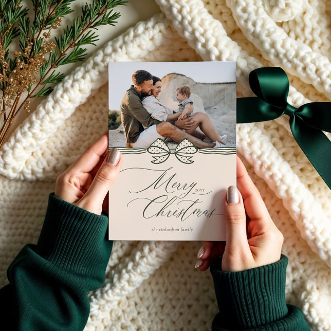 Cartes Pour Fêtes Annuelles Joyeux Noël Script Elegant Bow & Ribbon Photo (Merry Christmas Script Elegant Bow & Ribbon Photo Holiday Card)